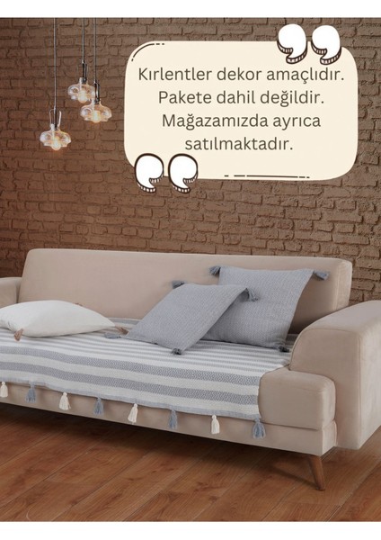 Liva Ponponlu Gri 2 Adet Koltuk Örtüsü 115X200 cm Kanepe Divan Çekyat Berjer Örtüsü Püsküllü