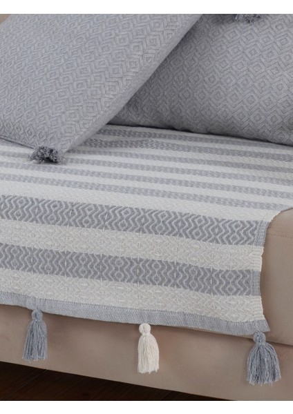Liva Ponponlu Gri 2 Adet Koltuk Örtüsü 115X200 cm Kanepe Divan Çekyat Berjer Örtüsü Püsküllü