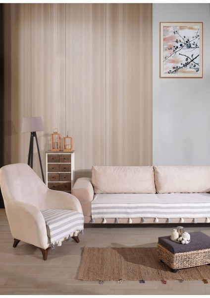 Liva Ponponlu Gri 2 Adet Koltuk Örtüsü 115X200 cm Kanepe Divan Çekyat Berjer Örtüsü Püsküllü