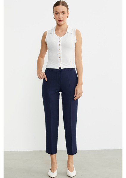 Bilek Boy Cepli Kumaş Pantolon - Lacivert