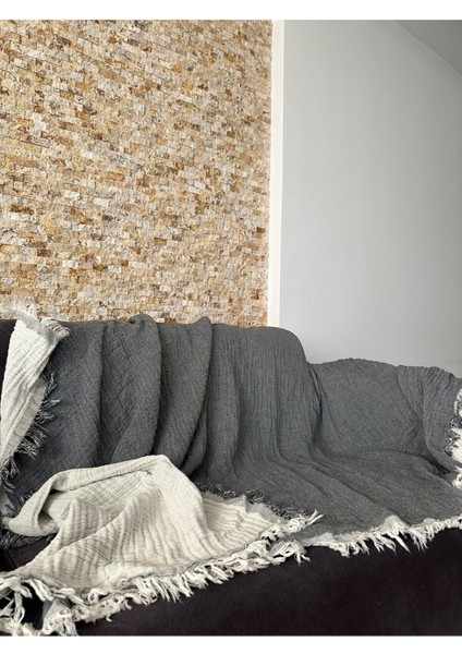 Antrasit Ekru Müslin Koltuk Şalı / Tv Battaniyesi (100 x 200CM-ÇİFT Renk)