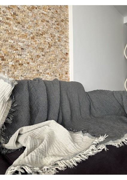 Antrasit Ekru Müslin Koltuk Şalı / Tv Battaniyesi (100 x 200CM-ÇİFT Renk) fiyatları