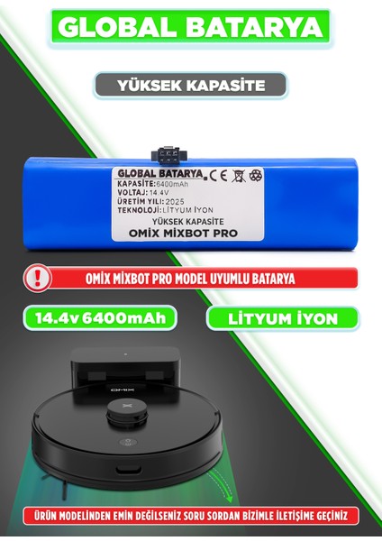 Omix Mixbot Pro Uyumlu Akıllı Robot Süpürge Bataryası 14.4V 6400MAH Lityum Iyon Pil (Yüksek Kapasite)