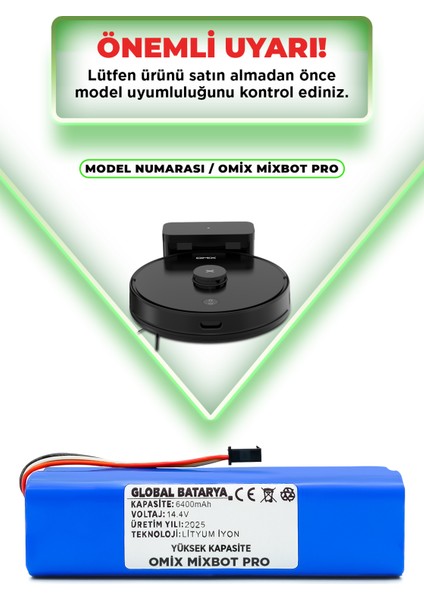 Omix Mixbot Pro Uyumlu Akıllı Robot Süpürge Bataryası 14.4V 6400MAH Lityum Iyon Pil (Yüksek Kapasite)