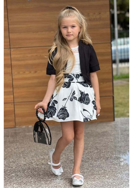 Kız Çocuk Şeffaf Dantelli Bluz ve Askılı Atlet Siyah Blazer Ceket Gül Baskılı Etekli Takım