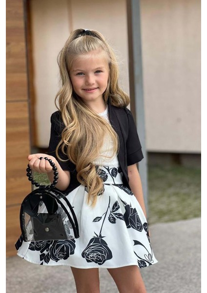Kız Çocuk Şeffaf Dantelli Bluz ve Askılı Atlet Siyah Blazer Ceket Gül Baskılı Etekli Takım fiyatları
