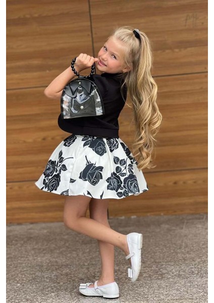 Kız Çocuk Şeffaf Dantelli Bluz ve Askılı Atlet Siyah Blazer Ceket Gül Baskılı Etekli Takım modelleri