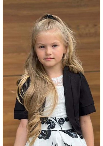 Kız Çocuk Şeffaf Dantelli Bluz ve Askılı Atlet Siyah Blazer Ceket Gül Baskılı Etekli Takım fırsatları