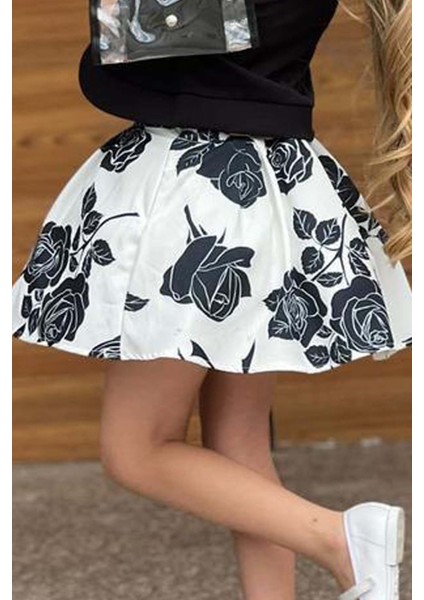 Kız Çocuk Şeffaf Dantelli Bluz ve Askılı Atlet Siyah Blazer Ceket Gül Baskılı Etekli Takım indirimleri