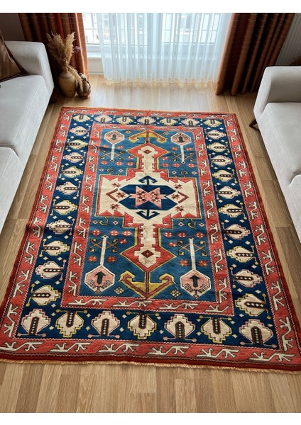 127 x 223 cm El Dokuma Mavi ve Kırmızı Renk Geleneksel Büyük Boy Salon Halısı