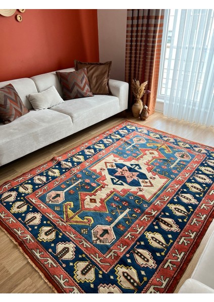 127 x 223 cm El Dokuma Mavi ve Kırmızı Renk Geleneksel Büyük Boy Salon Halısı fiyatları