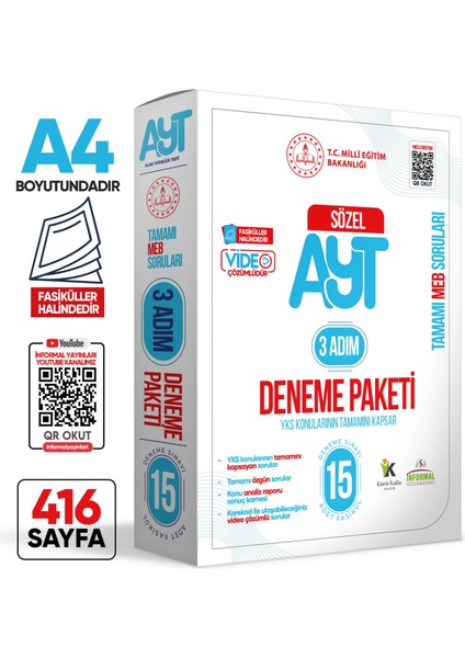 2025 3 Adım Yks-Ayt Sözel Mebi Özgün Sorular 15LI Deneme Fasikül Paketi Video Çözümlü