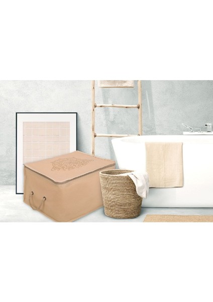 64X41X 35CM Orta Boy Çeyizlik Lüks Kulplu Desenli Hurç Kahverengi Baza Altı Çok Amaçlı Hurç