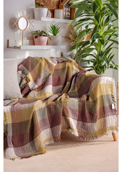 Mylasahome %100 Pamuk Ekose Desenli Çok Amaçlı Koltuk Şalı 130 x 170 (Kırlentsiz)
