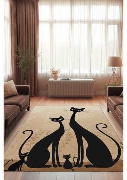 Kedi Ailesi Temalı Dokuma Kaymaz Tabanlı Yıkanabilir Kedi Desenli Oturma Odası Halısı