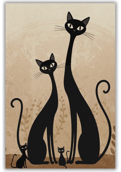 Kedi Ailesi Temalı Dokuma Kaymaz Tabanlı Yıkanabilir Kedi Desenli Oturma Odası Halısı