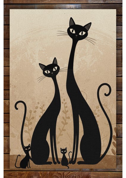 Kedi Ailesi Temalı Dokuma Kaymaz Tabanlı Yıkanabilir Kedi Desenli Oturma Odası Halısı