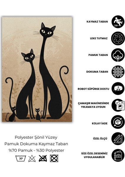 Kedi Ailesi Temalı Dokuma Kaymaz Tabanlı Yıkanabilir Kedi Desenli Oturma Odası Halısı