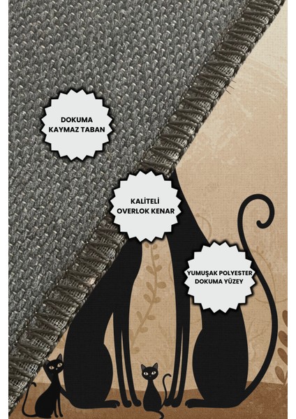 Kedi Ailesi Temalı Dokuma Kaymaz Tabanlı Yıkanabilir Kedi Desenli Oturma Odası Halısı