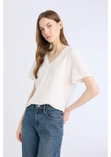 Regular Fit V Yaka Basic Düz Kısa Kollu Tişört D9593AX25SM