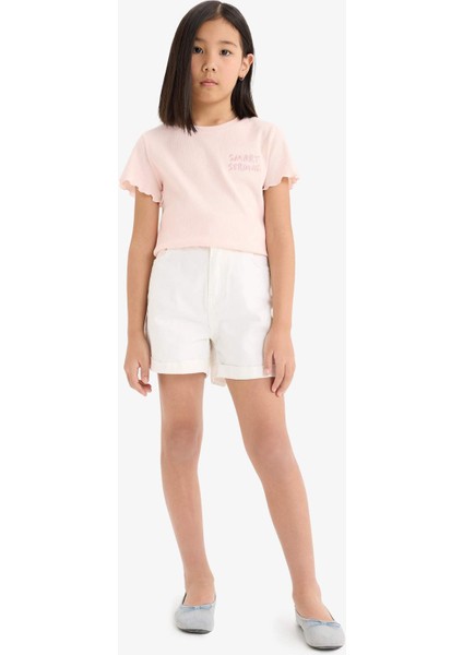 Kız Çocuk Slim Fit Dar Kesim Bisiklet Yaka Baskılı Fitilli Kaşkorse Kısa Kollu Tişört D9537A825SM fiyatları