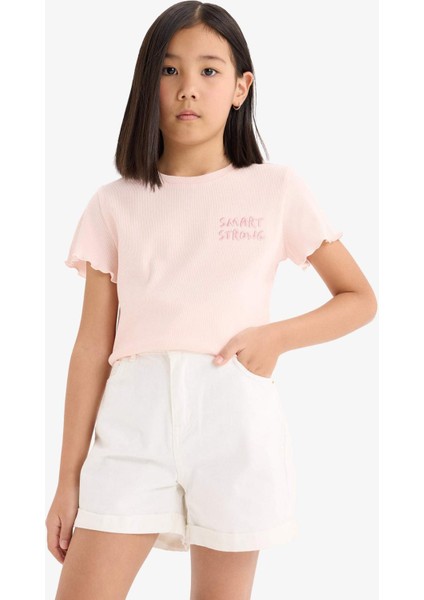Kız Çocuk Slim Fit Dar Kesim Bisiklet Yaka Baskılı Fitilli Kaşkorse Kısa Kollu Tişört D9537A825SM modelleri