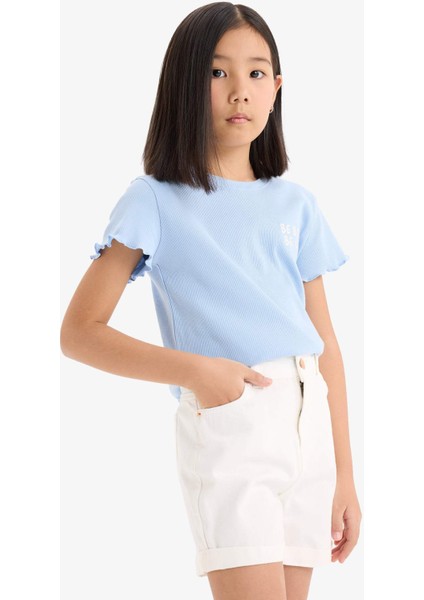 Kız Çocuk Slim Fit Dar Kesim Bisiklet Yaka Baskılı Fitilli Kaşkorse Kısa Kollu Tişört D9537A825SM fırsatları
