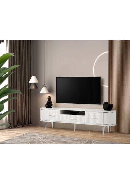 Tv Sehpası 1 Çekmeceli 2 Kapaklı Beyaz-Krom 180 cm Kurulu Gönderilir