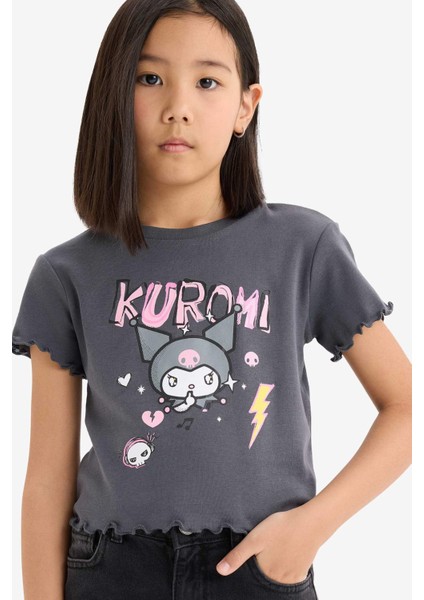 Kız Çocuk Kuromi Cropped Fit Bisiklet Yaka Ribana Kısa Kollu Tişört E1884A825SM