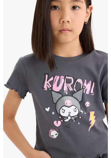 Kız Çocuk Kuromi Cropped Fit Bisiklet Yaka Ribana Kısa Kollu Tişört E1884A825SM fırsatları