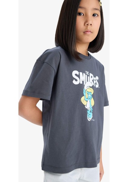 Kız Çocuk The Smurfs Relax Fit Bisiklet Yaka Sırt Baskılı Kısa Kollu Tişört E1882A825SM modelleri
