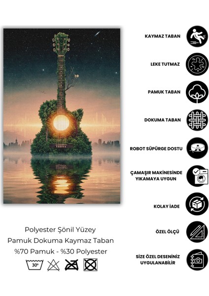 Gün Batışı Temalı Gitar Figürlü Halı Fantastik Doğa Manzaralı Dokuma Tabanlı Kaymaz Oturma Odası Halısı