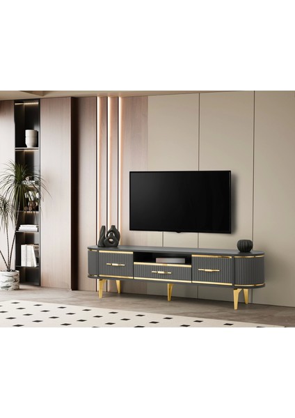 Tv Sehpası 1 Çekmeceli 2 Kapaklı Antrasit-Gold 180 cm Kurulu Gönderilir