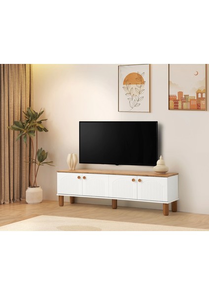 Tv Sehpası 4 Kapaklı Beyaz-Meşe 160 cm Kurulu Gönderilir