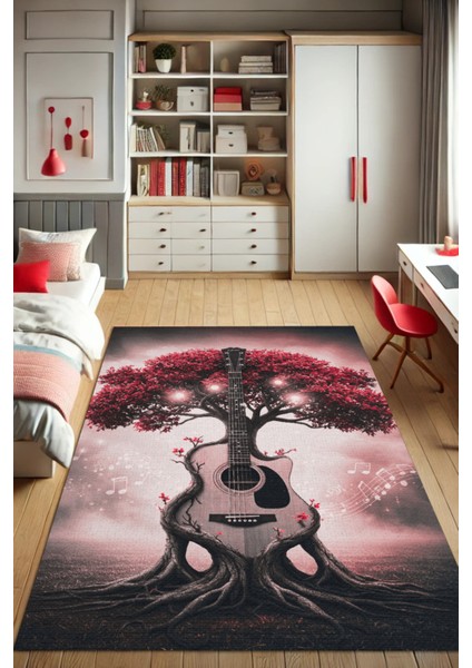 Kırmızı Ağaç ve Gitar Figürlü Halı Dijital Baskılı Kaymaz Tabalı Yıkanabilir Müzik Odası Halısı