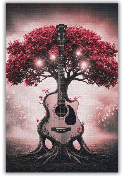 Kırmızı Ağaç ve Gitar Figürlü Halı Dijital Baskılı Kaymaz Tabalı Yıkanabilir Müzik Odası Halısı fiyatları