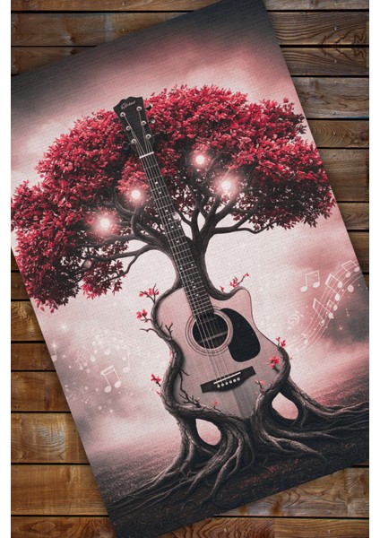 Kırmızı Ağaç ve Gitar Figürlü Halı Dijital Baskılı Kaymaz Tabalı Yıkanabilir Genç Odası Halısı modelleri