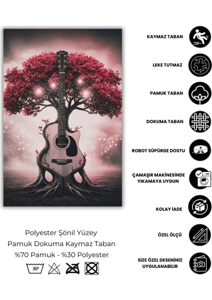 Kırmızı Ağaç ve Gitar Figürlü Halı Dijital Baskılı Kaymaz Tabalı Yıkanabilir Genç Odası Halısı fırsatları