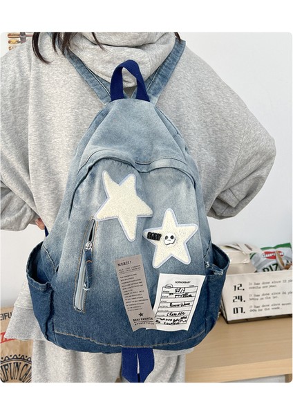 Degrade Denim Yıldız Sırt Çantası Çok Yönlü Seyahat Sırt Çantası (Yurt Dışından) modelleri