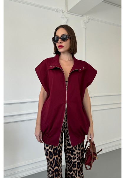 Oversize Çıtçıtlı Yelek- Bordo