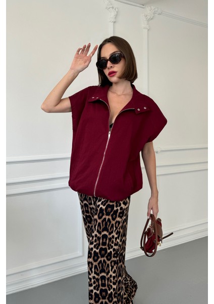 Oversize Çıtçıtlı Yelek- Bordo