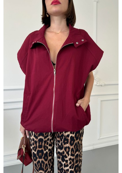 Oversize Çıtçıtlı Yelek- Bordo