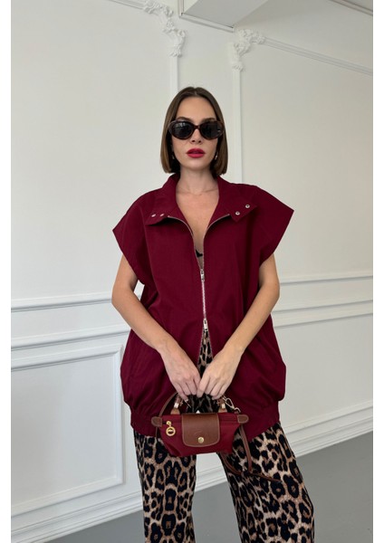 Oversize Çıtçıtlı Yelek- Bordo
