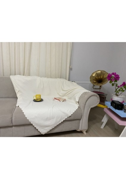 Mat Şönil Ekru Süt Çift Taraflı Koltuk Çekyat Örtüsü Şalı