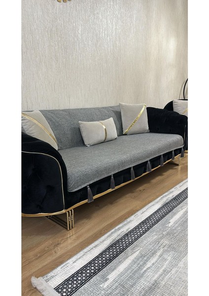Döşemelik Keten Kumaş Püsküllü Koltuk Örtüsü Kaymaz Sırt ve Oturma Yerini Kaplar 140X200 cm