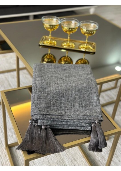 Döşemelik Keten Kumaş Püsküllü Koltuk Örtüsü Kaymaz Sırt ve Oturma Yerini Kaplar 140X200 cm