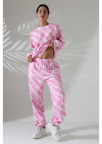 Kadın Pembe Bisiklet Yaka Sweatshirt Eşofman Takımı Msc 220