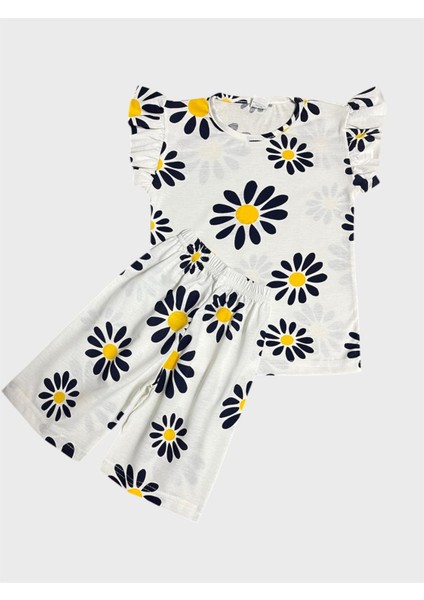 Kız Çocuk Pamuklu Beyaz Lacivert Çiçek Desenli Kısa Kollu Şortlu Yazlık Pijama Takımı