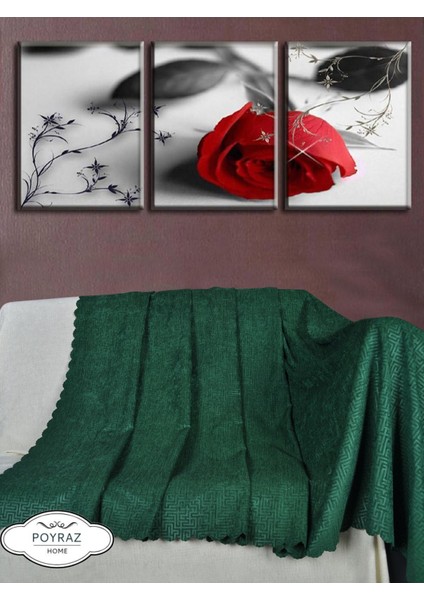 Parlak Desenli Şönil Zümrüt Yeşili Çift Taraflı Koltuk Çekyat Örtüsü Şalı