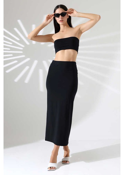 Kadın Siyah Crop Etek Takım Mcs 222